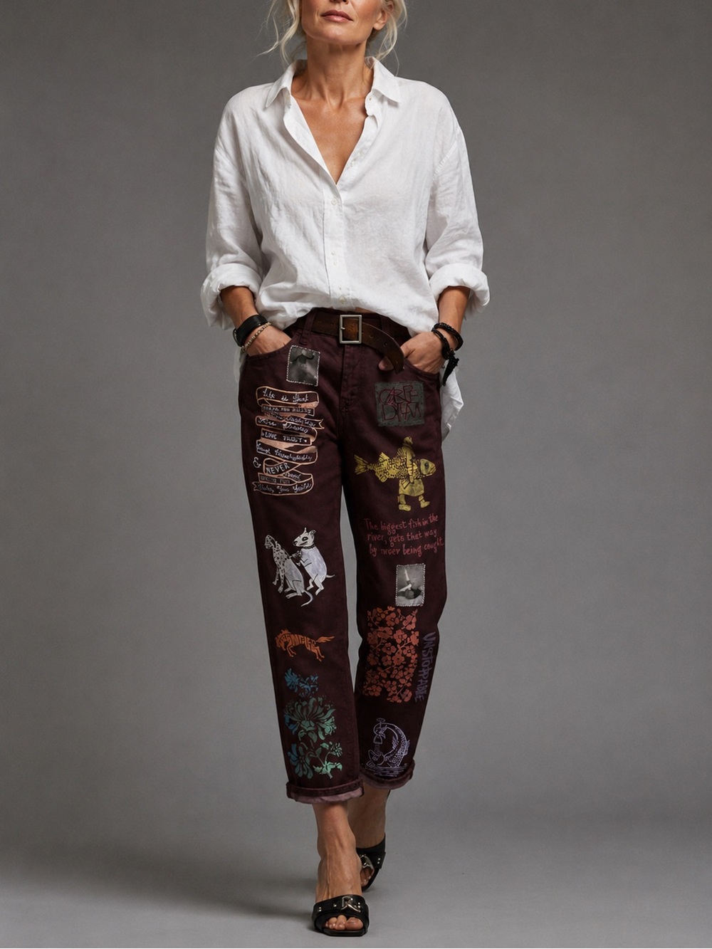 “Bode style” faux Leather Burgundy Graphic jeans